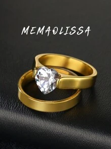 1pair Luxury Round Rhinestone Stainless Steel Rings, Fashion Personalized Ring Set For Women, Suitable For Valentine's Day, Wedding, Party, Birthday Gift, Daily Wear