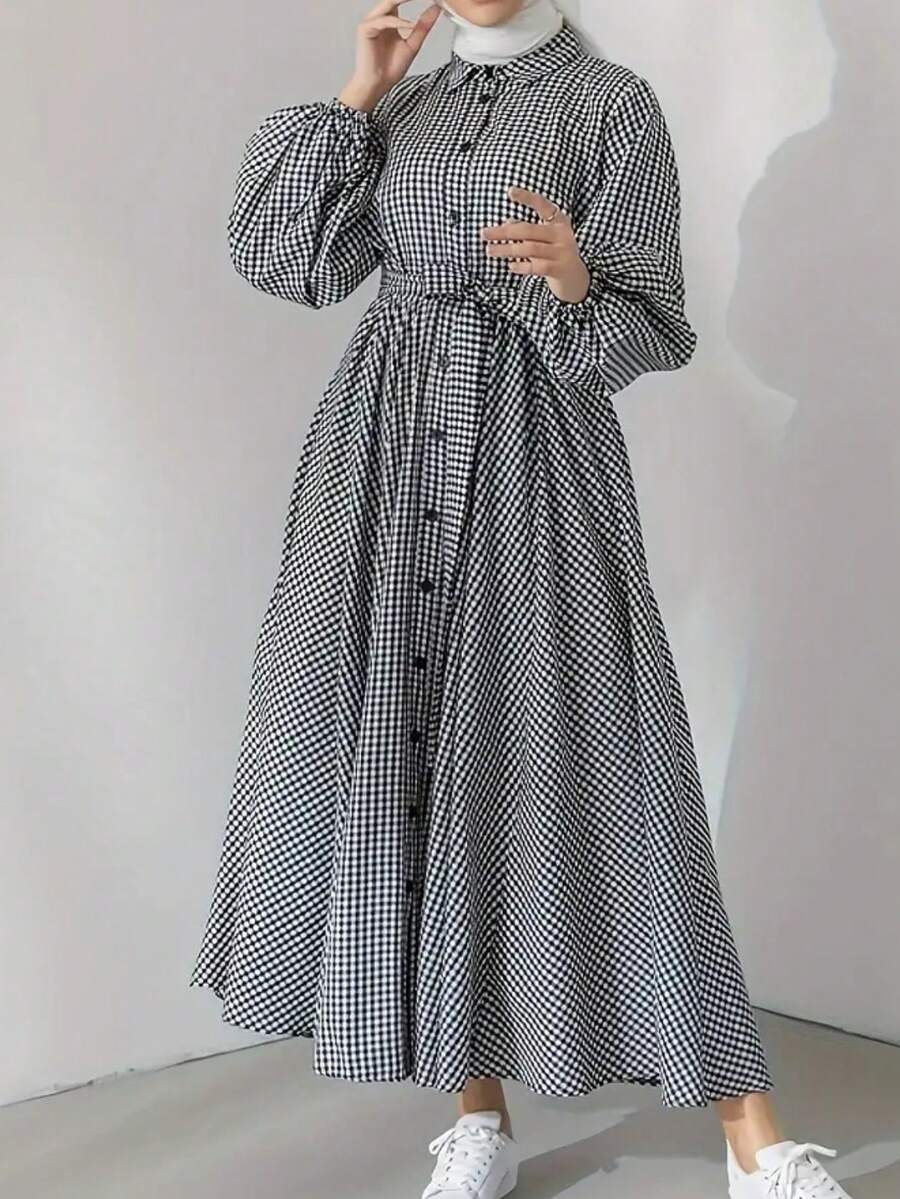 Women's Plaid Lantern Sleeve Single-Breasted Blouse & Arabic Style Dress,Modest - Multicolor - View 1