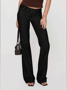 女士低腰休闲商务工作裤，腰部纽扣设计，松紧腰带，撞色条纹长款西装裤，适合秋冬季节，适合办公室、圣诞节和新年派对等场合，优雅百搭。 - 黑條紋 - 查看 2
