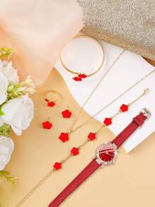 7 件/套时尚优雅红色青少年新年节日石英表和锌合金花朵首饰套装项链、手链、手链、耳环、戒指、新年礼物、情人节 - 紅色 - 查看 5