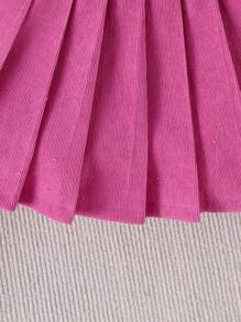 2pcs Young Girl Chic School Style Ribbed Bow Top And Corduroy Pleated Skirt Set, Suitable For Spring Autumn - Hot Pink - View 6