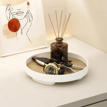 1 pieza Bandeja decorativa de forma redonda de madera blanca con patrón de grano moderno y minimalista, para uso diario en la sala de estar, el recibidor, el Día de San Valentín, vuelta al colegio - Blanco - Ver 2