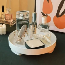 1 pieza Bandeja decorativa de forma redonda de madera blanca con patrón de grano moderno y minimalista, para uso diario en la sala de estar, el recibidor, el Día de San Valentín, vuelta al colegio - Blanco - Ver 5