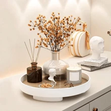 1 pieza Bandeja decorativa de forma redonda de madera blanca con patrón de grano moderno y minimalista, para uso diario en la sala de estar, el recibidor, el Día de San Valentín, vuelta al colegio - Blanco - Ver 1