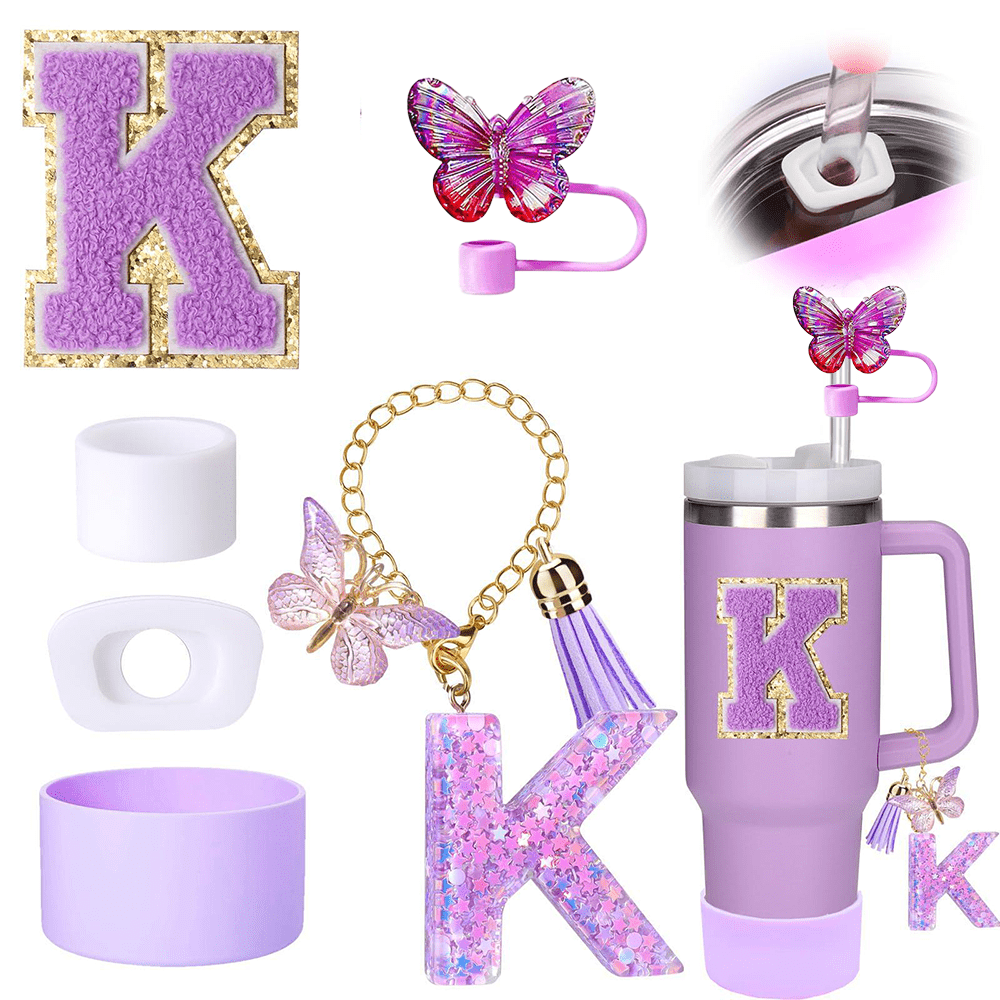 (Purple 6)Cute Silicone Cup Accessories, Cup Accessories, Suitable For 30 And 40 Oz Water Bottles, Including Monogram Pendants, Leak-Proof And Overflow-Proof, Silicone, Straw Lid, Decorative Alphabet Stickers