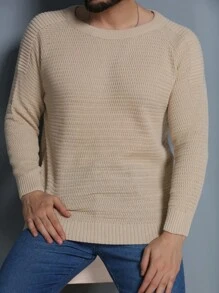 Men's Knitted Sweater Coat Sweater Cold Weather Round Neck Long Sleeve Wool Blouse - Caqui - Ver 1