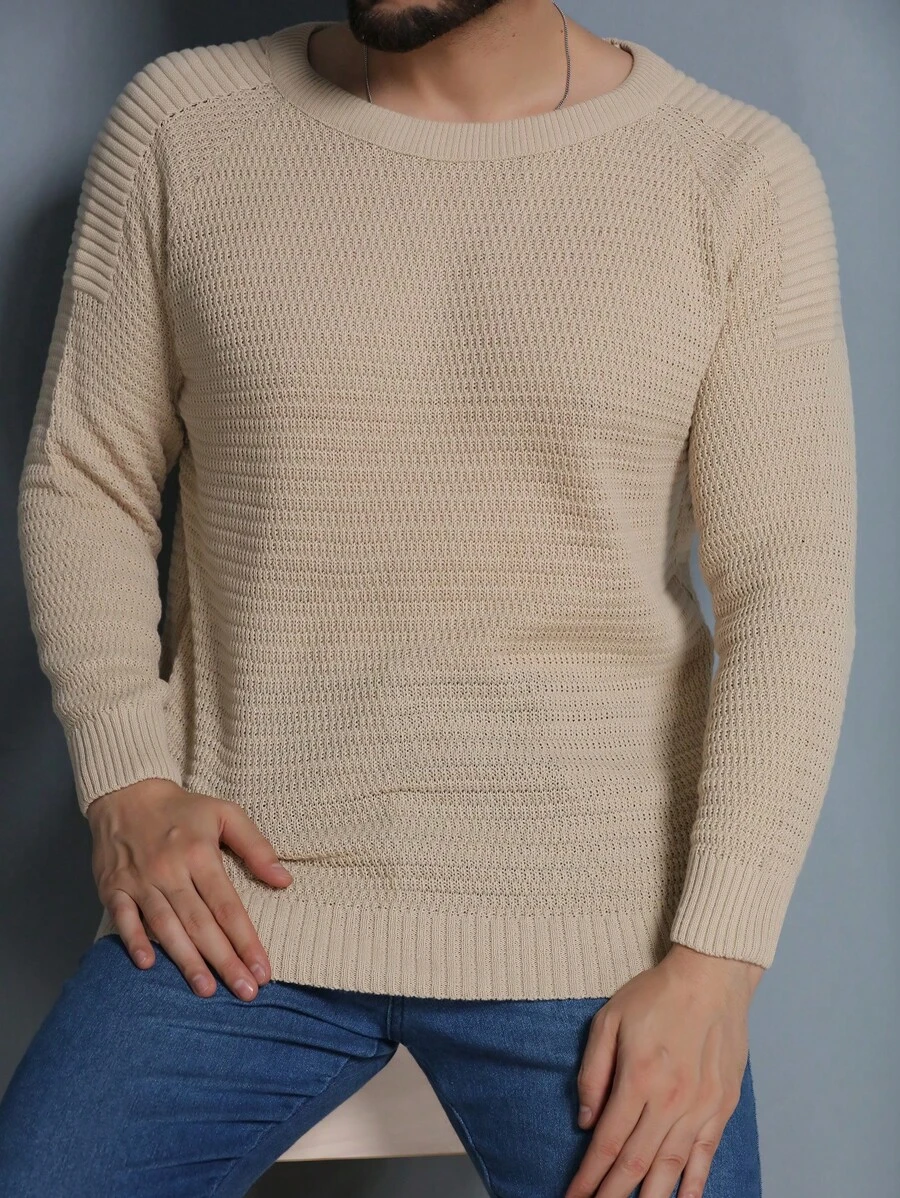 Men's Knitted Sweater Coat Sweater Cold Weather Round Neck Long Sleeve Wool Blouse - Caqui - Ver 1