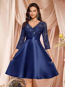 MIUSOL Robe de soirée élégante en satin à col en V, manches longues, avec fleurs de dentelle pailletée, robe de fête, robe pour invité de mariage