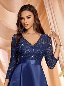 MIUSOL Robe de soirée élégante en satin à col en V, manches longues, avec fleurs de dentelle pailletée, robe de fête, robe pour invité de mariage