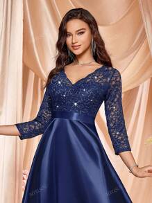 MIUSOL Robe de soirée élégante en satin à col en V, manches longues, avec fleurs de dentelle pailletée, robe de fête, robe pour invité de mariage