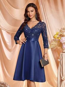 MIUSOL Robe de soirée élégante en satin à col en V, manches longues, avec fleurs de dentelle pailletée, robe de fête, robe pour invité de mariage