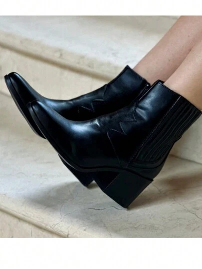 Botas con plataforma para mujer botines dama moda con decoración color sólido negro 23mx-26mx ecopiel elegante cowboy estilo vaquero 928