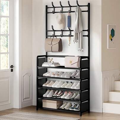 3 In 1 Hallway Coat Rack Shoe Storage 5 Tiers Metal Stand 8 Hooks Shelves 80Cm Widen Metal W/ 8 REMOVABLE HOOKS