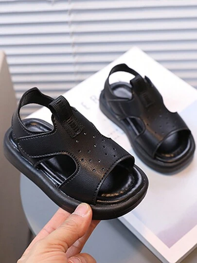 1 双黑色女童宝宝凉鞋，带钩环，简约舒适夏季户外沙滩休闲儿童鞋