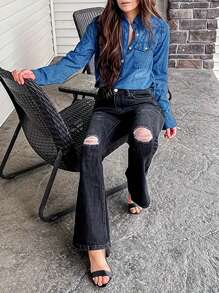 Women's Spring Long Sleeved Denim Shirt With Button Down Shirt, Business Casual Top - 中等水洗藍 - 查看 5