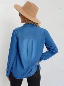 Women's Spring Long Sleeved Denim Shirt With Button Down Shirt, Business Casual Top - 中等水洗藍 - 查看 6