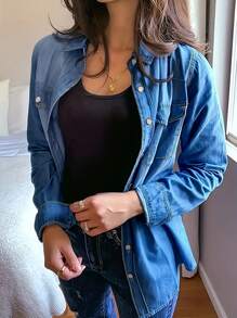 Women's Spring Long Sleeved Denim Shirt With Button Down Shirt, Business Casual Top - 中等水洗藍 - 查看 3