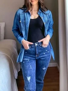 Women's Spring Long Sleeved Denim Shirt With Button Down Shirt, Business Casual Top - 中等水洗藍 - 查看 4