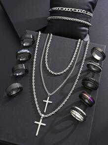 3-55 Pcs Stainless Steel Cross Necklace, Bracelet, Ring, Cubic Zirconia Earrings Jewelry Set, Casual Everyday Wear For Men And Couples, Suitable For Birthday, Date, Party, Christmas, Valentine's Day, Father's Day Gifts - Multicolor - View 12