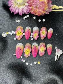 10 Stücke kurze handgemachte Aufklebe-Nägel für Party und Alltag, verschiedene Farben, schöne tropische Blumen, Lilien, für Mädchen, einfach zu tragen - Verschiedenfarbig - Übersicht 14