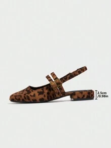 女士尖头粗跟一脚蹬平底鞋，系带设计工作鞋，春秋浅口高跟鞋，玛丽珍鞋双扣，豹纹绒面革 - 彩色 - 查看 3