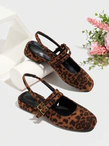 女士尖头粗跟一脚蹬平底鞋，系带设计工作鞋，春秋浅口高跟鞋，玛丽珍鞋双扣，豹纹绒面革 - 彩色 - 查看 5