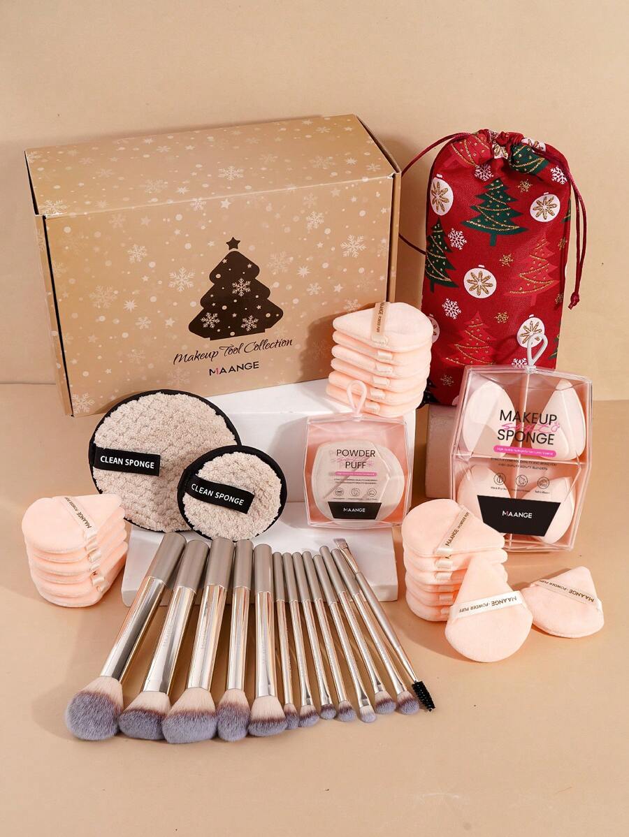 MAANGE 13Pcs Professional Soft Long Aluminum Tube Makeup Brushes With Storage Bag Christmas Gift Box+27pcs Powder Puff Accessories,Foundation Brush, Eyeshadow Brush, Eyebrow Brush, Blending Brush,Highlight Brush,Concealer Brush,Makeup Brush For Powder Liquid Cream,Makeup Tool With Soft Fiber For Easy Carrying,Brush For Travel,Christmas Theme Gifts For Women&Girls - 金色 - 查看 1