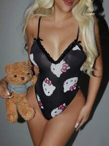 SANRIO 1 bộ đồ liền thân ren chéo họa tiết hoa cổ chữ V sâu Hello Kitty dành cho nữ - màu đen - Xem 2