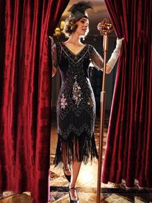 BABEYOND 1920s Art Deco Fringed Sequin Dress Roaring 20s Flapper Fancy Dress - 黑銀色 - 查看 1