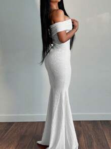 WOWDARK Women's Solid Color Jacquard Off-Shoulder Fishtail Hem Fitted Dress, Fashionable For Autumn - White - View 9