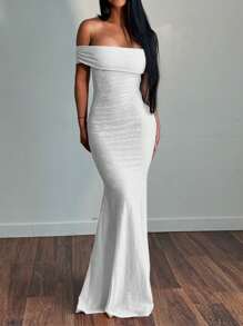 WOWDARK Women's Solid Color Jacquard Off-Shoulder Fishtail Hem Fitted Dress, Fashionable For Autumn - White - View 6