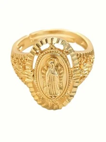 1pc 18k Gold-Plated Copper Oval Cubic Zirconia Virgin Mary Adjustable Open Ring,Fashionable Unisex Daily/Party/Event Accessory