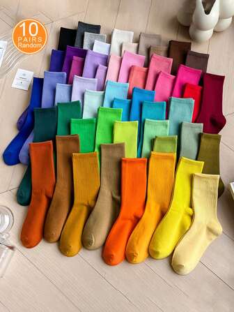 10 Pairs Assorted Candy Color Socks, Versatile, Suitable For Sports, Dance, Solid Color Mid-Calf Socks With High Elasticity, Spring/Autumn