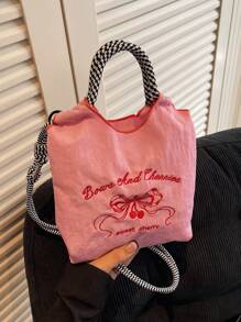 Korean Style Casual Embroidery Bow Shopping Tote Bag, Colorful Nylon Shoulder Bag With Bow - Multicolor - View 14