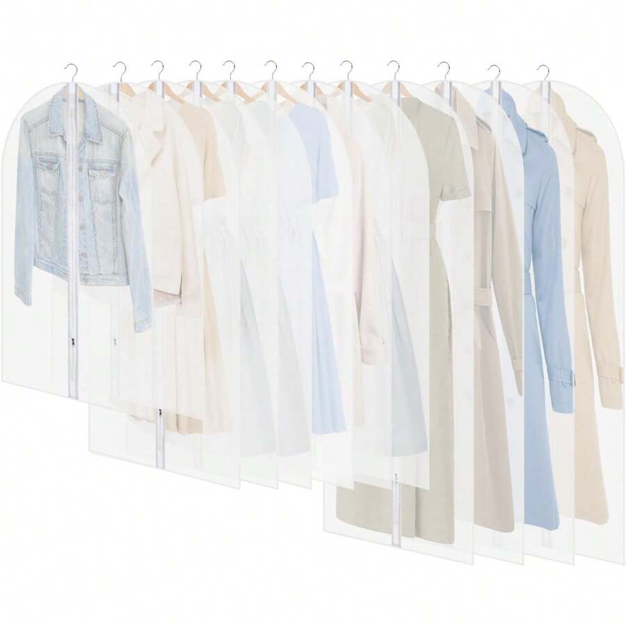 12Pack Breathable Dustproof Garment Covers With Zip Waterproof Moth Proof Coat Bags Translucent Dress Protector Suit Storage Bags For Wardrobe Travel Black - White - View 1