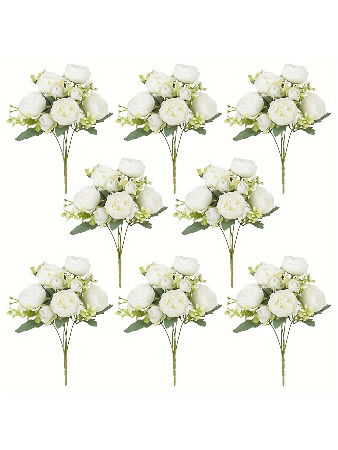 8 Bundles Silk Artificial Peonies Flowers Faux Peony Bouquet Fake Peonies Artificial Flowers Bouquets For Vase Floral Arrangements Wedding Home Table Decoration (White,Pink) - 8 Bunches White - 查看 1