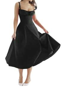 Women Summer Dress Solid Color Sleeveless Bandage Party A-Line Dress For Cocktail Nightclub Beach - 黑色 - 查看 6