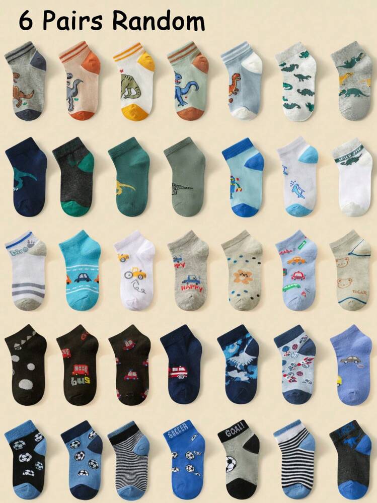 12 Pares de calcetines para niños con dibujos animados de dinosaurios, coches de juguete, temática deportiva y patrón de rayas, cómodos y cortos. Adecuados para regalo y uso diario. Los estilos se enviarán al azar. - Multicolor - Añade 17