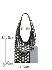 DareSee 1pc European & American Punk Style Handcrafted Double-Sided Fully Studded Round Rivet Embedded Niche Luxury Bucket Bag, Elegant Office Lady Underarm Shoulder Bag Music Fest Y2KFest Back To School Autumn , Bags Perfect For Fancy Party Matching With Costumes Winter Gifts Music Fest - Black - View 6