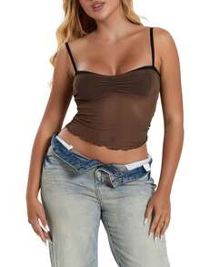 Women Sheer Mesh Patchwork Crop Camisoles Tank Spaghetti Straps Lingerie Cami Backless Ruffle Top - Brown - View 1