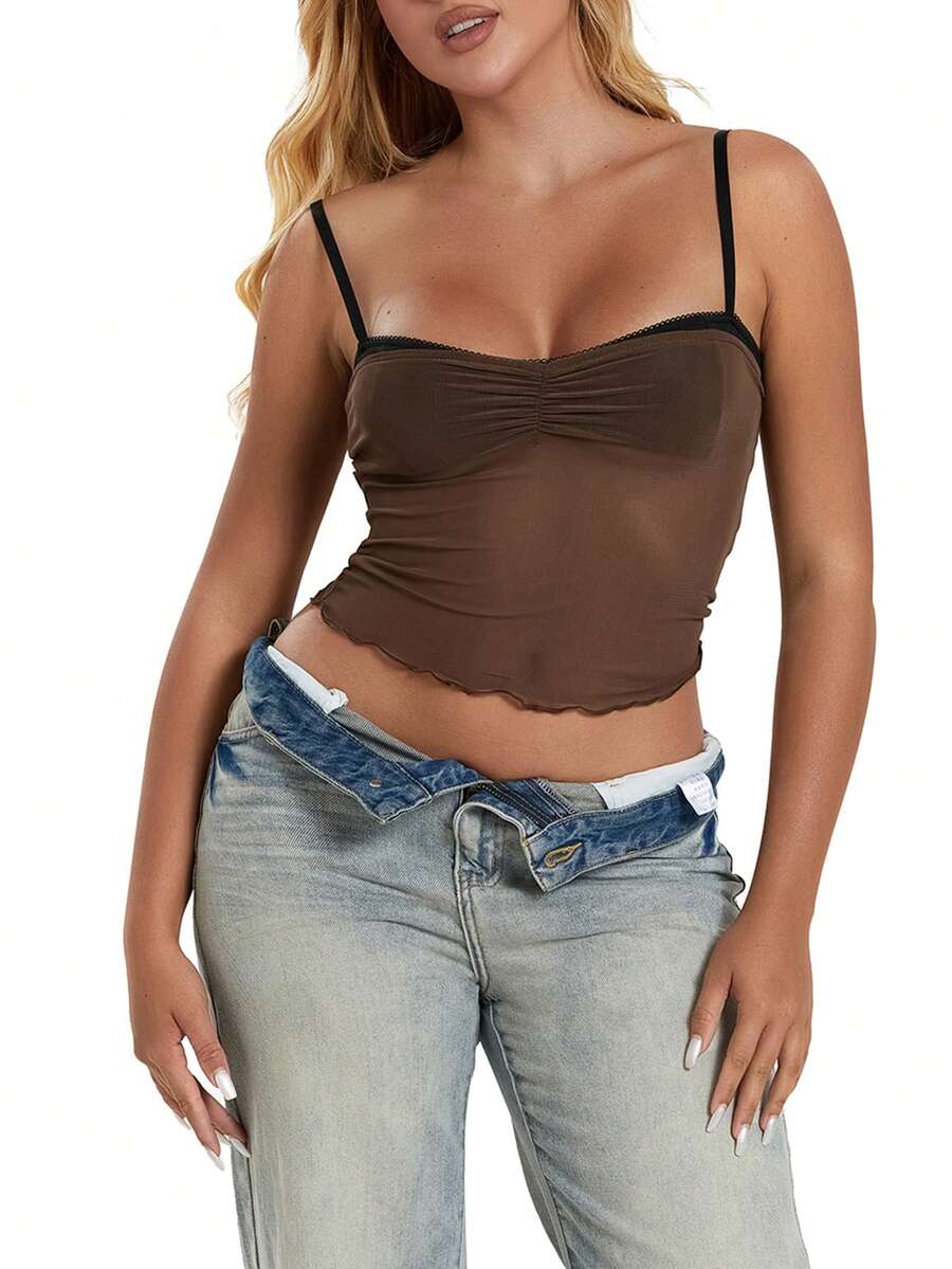 Women Sheer Mesh Patchwork Crop Camisoles Tank Spaghetti Straps Lingerie Cami Backless Ruffle Top - Brown - View 1