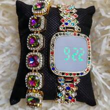 2pcs/Set Hip Hop Fashion Watches, Women's Metal Band LED Rhinestone Quartz Wrist Watch & Bracelet Set, Square Shape Rhinestone LED Watches, Wholesale Factory Supply Stylish Touch Wrist Watches, Rhinestone Bangle Bracelet Sets