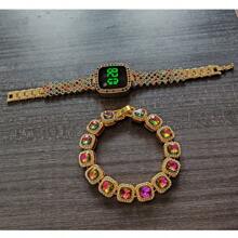 2pcs/Set Hip Hop Fashion Watches, Women's Metal Band LED Rhinestone Quartz Wrist Watch & Bracelet Set, Square Shape Rhinestone LED Watches, Wholesale Factory Supply Stylish Touch Wrist Watches, Rhinestone Bangle Bracelet Sets