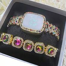 2pcs/Set Hip Hop Fashion Watches, Women's Metal Band LED Rhinestone Quartz Wrist Watch & Bracelet Set, Square Shape Rhinestone LED Watches, Wholesale Factory Supply Stylish Touch Wrist Watches, Rhinestone Bangle Bracelet Sets