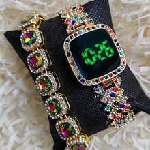 2pcs/Set Hip Hop Fashion Watches, Women's Metal Band LED Rhinestone Quartz Wrist Watch & Bracelet Set, Square Shape Rhinestone LED Watches, Wholesale Factory Supply Stylish Touch Wrist Watches, Rhinestone Bangle Bracelet Sets
