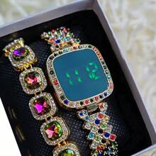 2pcs/Set Hip Hop Fashion Watches, Women's Metal Band LED Rhinestone Quartz Wrist Watch & Bracelet Set, Square Shape Rhinestone LED Watches, Wholesale Factory Supply Stylish Touch Wrist Watches, Rhinestone Bangle Bracelet Sets