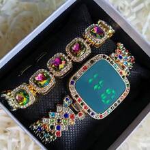 2pcs/Set Hip Hop Fashion Watches, Women's Metal Band LED Rhinestone Quartz Wrist Watch & Bracelet Set, Square Shape Rhinestone LED Watches, Wholesale Factory Supply Stylish Touch Wrist Watches, Rhinestone Bangle Bracelet Sets