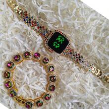2pcs/Set Hip Hop Fashion Watches, Women's Metal Band LED Rhinestone Quartz Wrist Watch & Bracelet Set, Square Shape Rhinestone LED Watches, Wholesale Factory Supply Stylish Touch Wrist Watches, Rhinestone Bangle Bracelet Sets