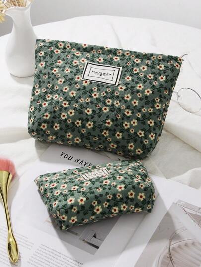 1 PC Green Retro Floral Portable Make Up Bag, Fashionable And Casual Large Capacity Portable Zipper Makeup Bags, Travel Storage Stationery Storage, Vacation Essentials Cosmetic Bags For Pouch Pads, Wired Earphones, Earpods, Headphones, Charger, Lipsticks, Cosmetics, Perfume, Skin Care And Beauty Products, Home Decor, For Mom, Women, Nurses, Keys, Holiday Gifts,Pouch,Makeup Pouch,Travel Essential