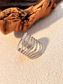 1pc Minimalist 18K Gold Plated Stainless Steel Striped Hollow Design Adjustable Open Ring, Tarnish Resistant, Couple Accessory, Gift For Valentine's Day Valentines
